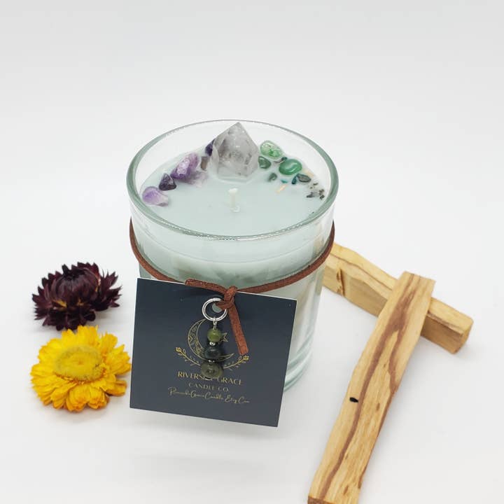 Riverside Grace Candle Co. - Wholesale Jar/Filled Candle - Money Vibes - Dei Lucrii Crystal Candle, 6 Oz. Glass Tumbler