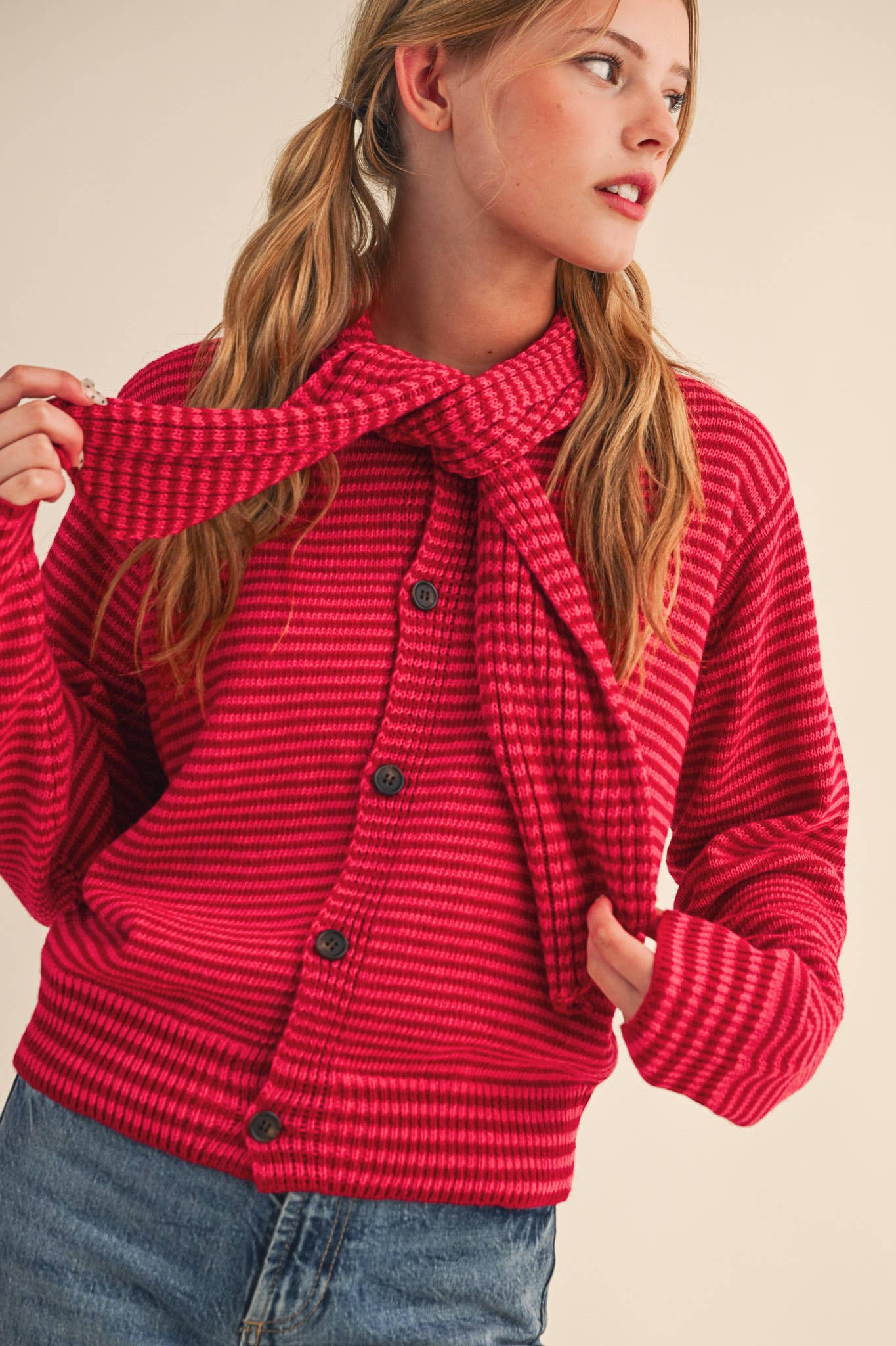 &MERCI - Wholesale Knit Sweater - Women's - STRIPED TYING NECK SWEATER CARDIGAN MSW1112536