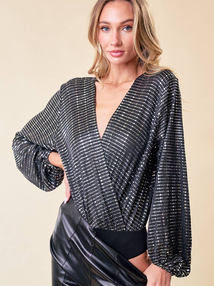 SIR4151A BLACK/SILVER GLITTER OVERLAP BODYSUIT -HOLIDAY LOOK for wholesale by Saints & Hearts