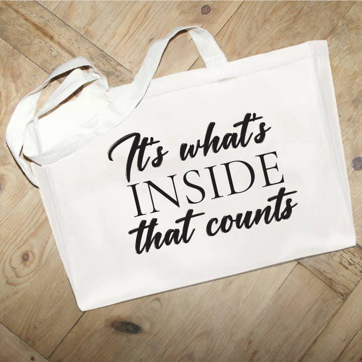 It's what's inside that counts // Large Natural Tote Bag for wholesale by Second Nature by Hand