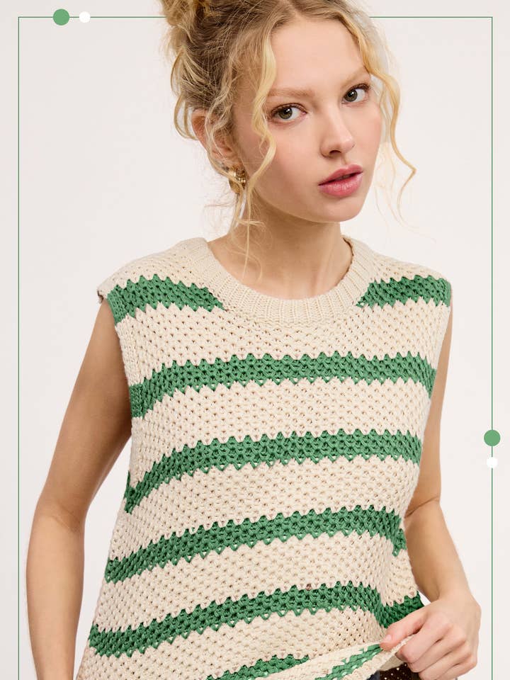 La Miel - Wholesale Knit Sweater - Women's - MCS3584-Classic Chunky Striped Sleeveless Sweater Top