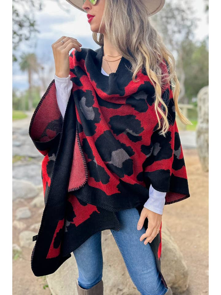 Red Leopard Printed Knitted Cozy Kimono Cardigan for wholesale on Faire