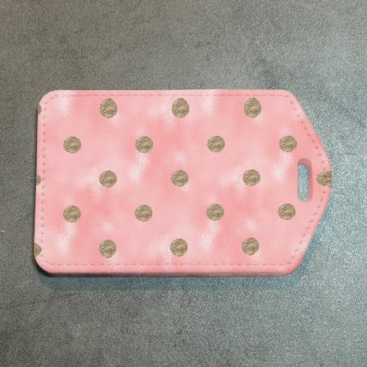 Pink Dots Rectangle luggage tag w/steel cable ring for wholesale by Allison Kay Designs Co.