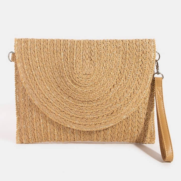 Pochette enveloppe tissée en papier à rabat rond et complexe pour la vente par Collections by Fame Accessories