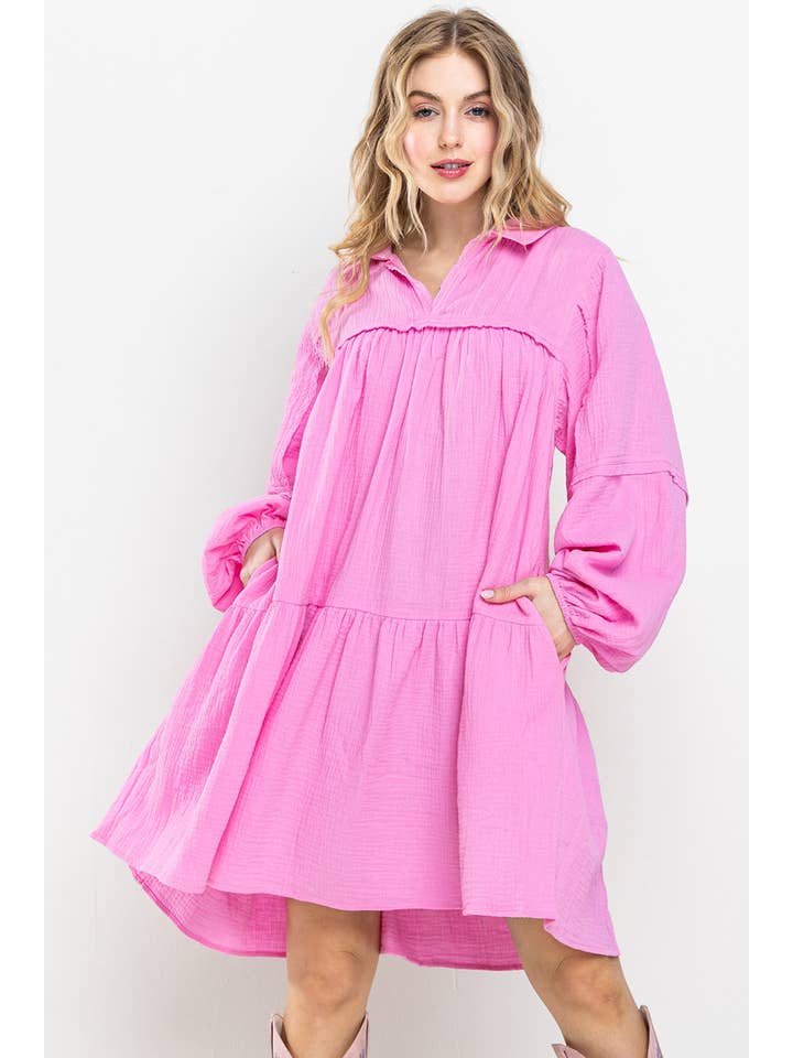 Ces Femme USA - Wholesale Dress - Women's - Long sleeve Collared Baby Doll Tiered Gauze Dress / DI5642