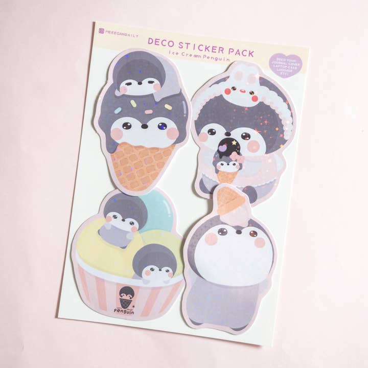 Ice-cream Penguin Holo Sticker Pack for wholesale by Notmehmehstudio