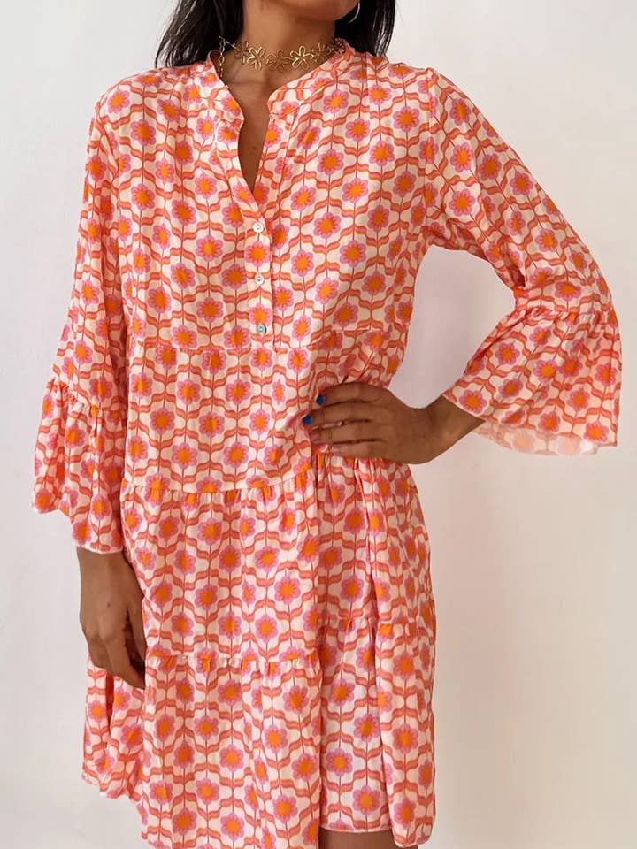 Orange Floral Print Flounce Sleeve Buttoned Front Mini Dress for wholesale by Lillie + Co