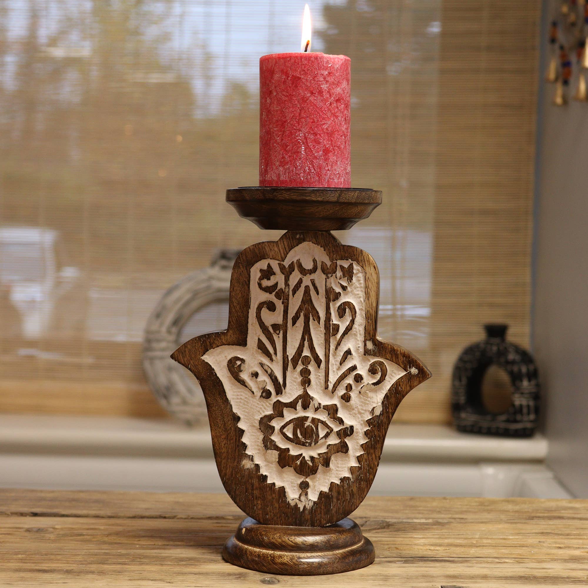 Ancient Wisdom - Wholesale Candle Holder - Mango Wood Candle Stand - Hamsa - Small 18x11cm5