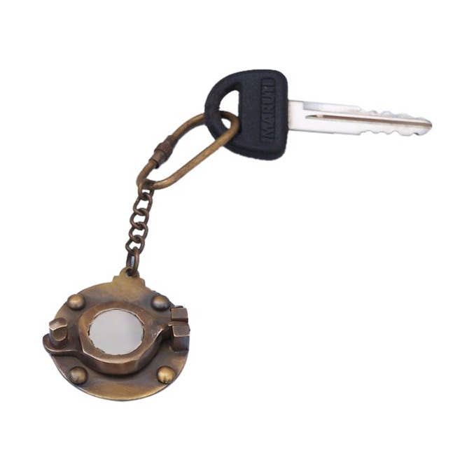 Antique Brass Porthole Mirror Key Chain 5" for wholesale by Hampton Nautical