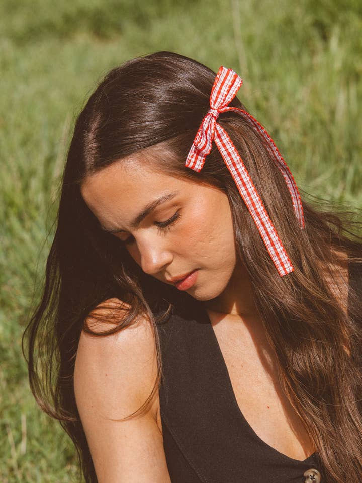 Red Gingham Bow Clip for wholesale by Shop Andi