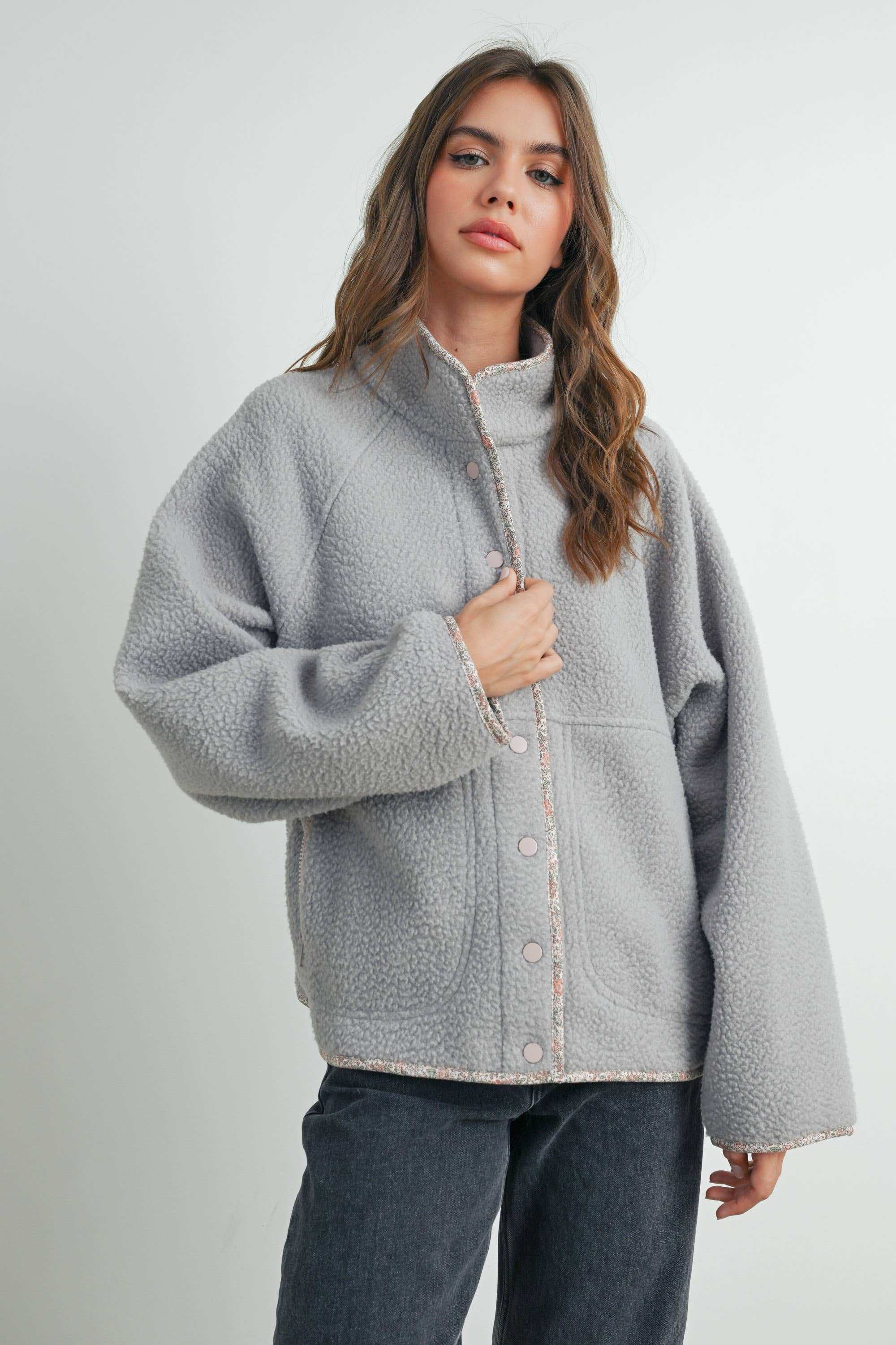 BUTTERMELON - Wholesale Shirt Jacket/Shacket - Women’s - Fall Cozy Snap Mock Neck Sherpa Fleece Jacket - BMJ754716