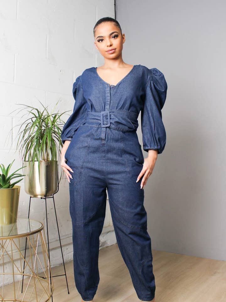 Ruched Sleeves Denim Jumpsuit for wholesale by Lushire