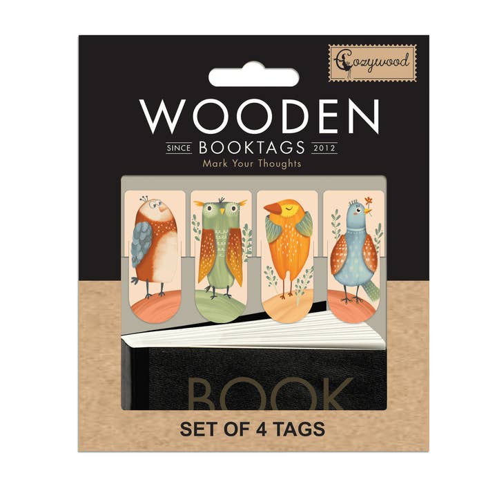 Bokmärken i trä med fyra olika fågelmotiv, set om 4 för wholesale av Cozywood