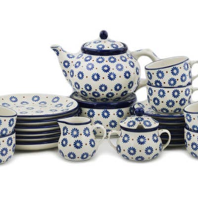 Dessert Set for 6 with Heater 40 oz Aster Polka Dot Theme for wholesale by Polmedia Polish Pottery