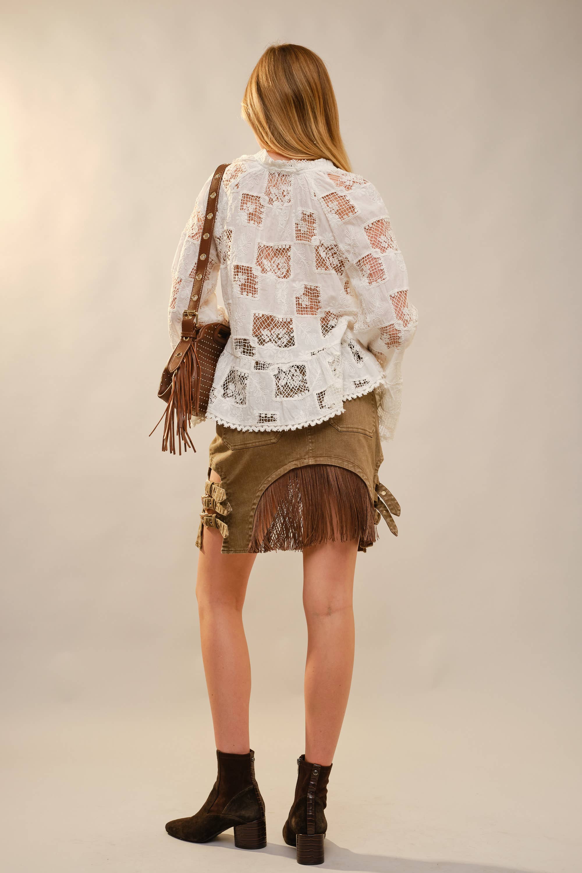 OFF WHITE 37129T Ruffle Sleeve Crochet Peplum Top for wholesale on Faire6