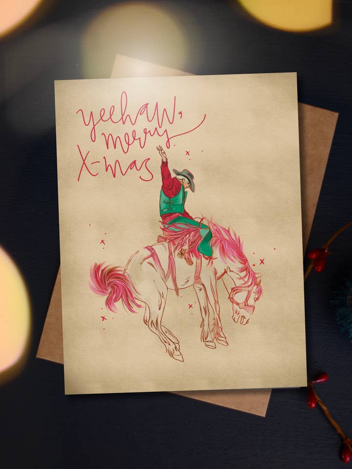 Yeehaw Buon Natale Bronco Scatenato Cartolina di Natale Western per la vendita all'ingrosso da parte di Tirzah Lane Art