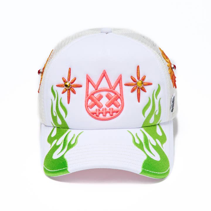 Cult's Mesh Back Trucker Hat "Sunny Daze Spider" In White for wholesale by Cult of Individuality