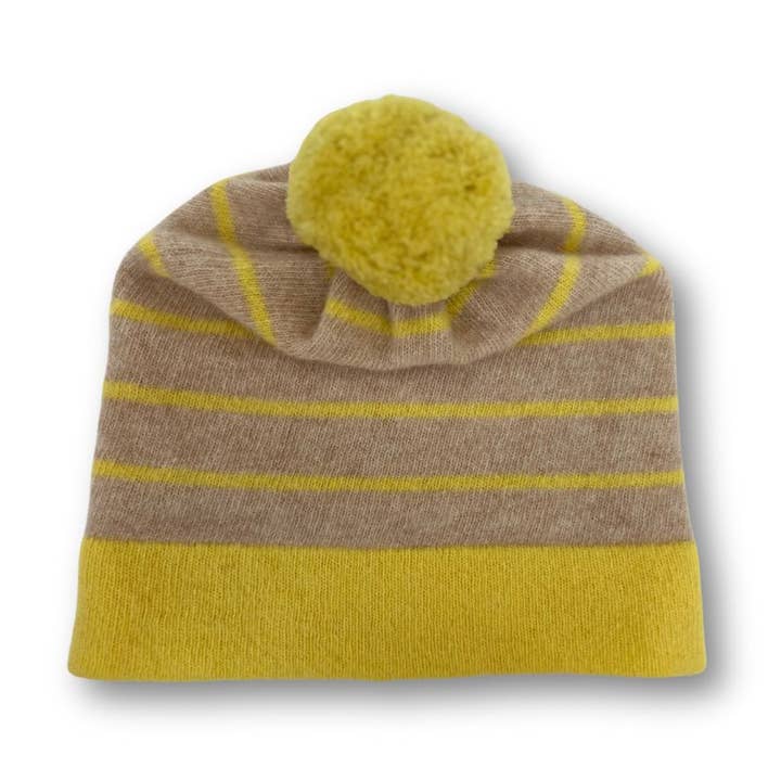 Merino Yellow Oatmeal Stripe Beanie Hat for wholesale by Penny Grace Knitwear