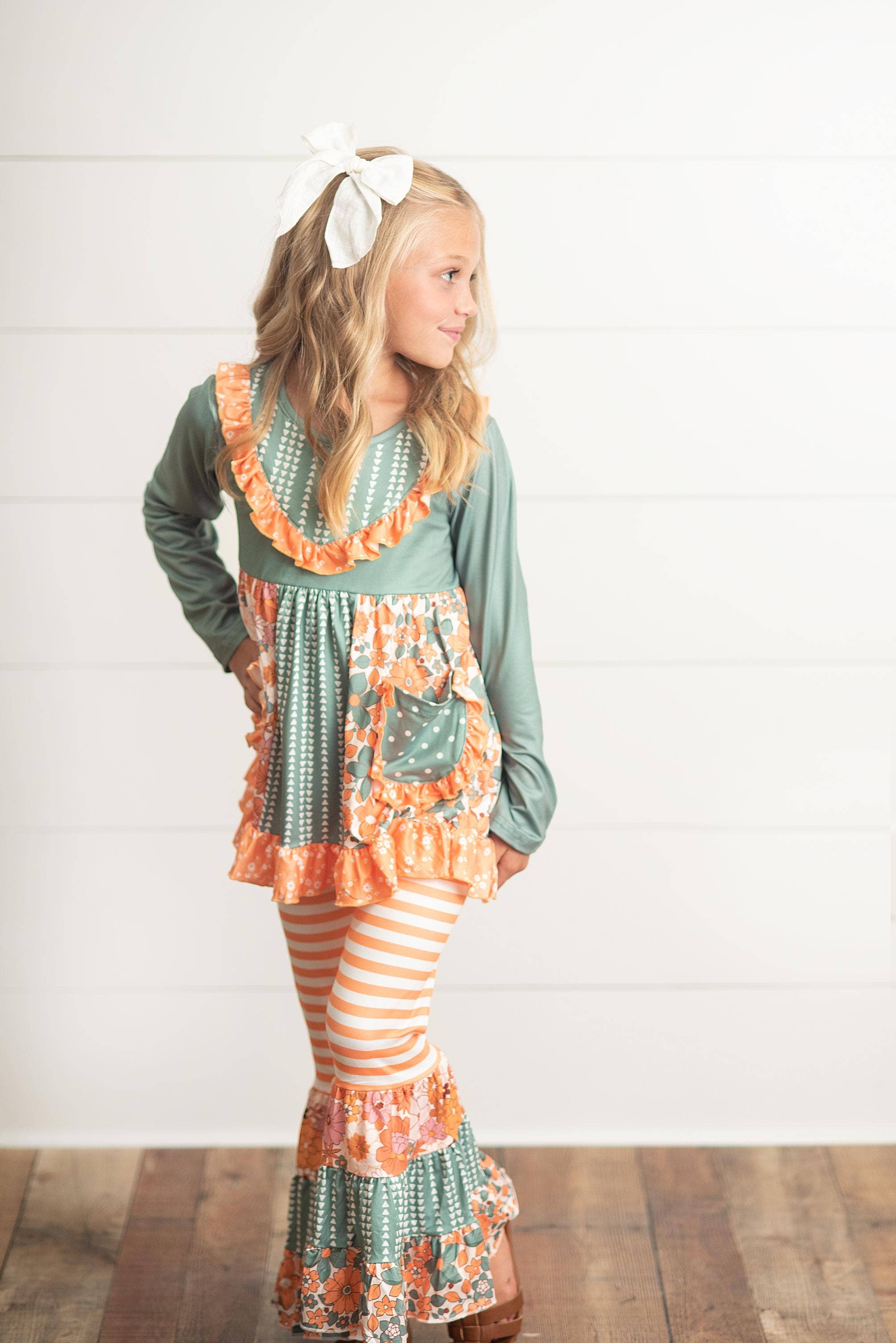 Adorable Sweetness - Wholesale Top & Pant Set - Kids - Kids Sage Floral Pocket Two Piece Bell Bottom Ruffle Set4