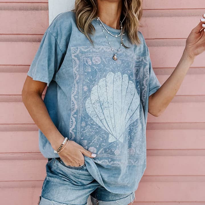 Polar Blue Seaside Seashell Mineral Wash Tee for wholesale on Faire