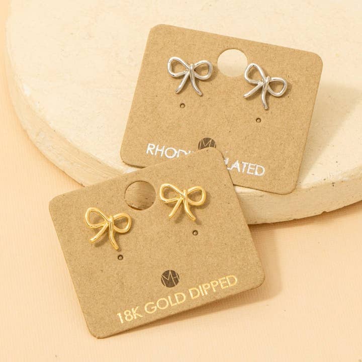 Fame Accessories - Wholesale Stud/Post Earrings - Gold Dipped Wire Ribbon Bow Stud Earrings