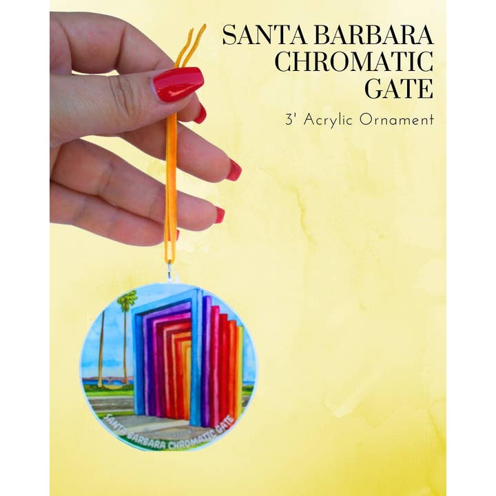 Santa Barbara Chromatic Gate Watercolor Art Acrylic Ornament for wholesale by Chloe Marie Hourdequin Designs