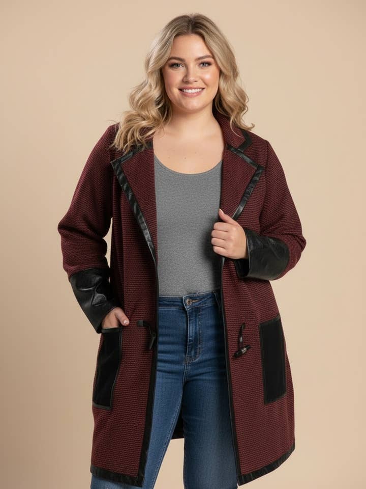 Large red jacket with faux leather patch (A563) for wholesale by Pomme Rouge Paris