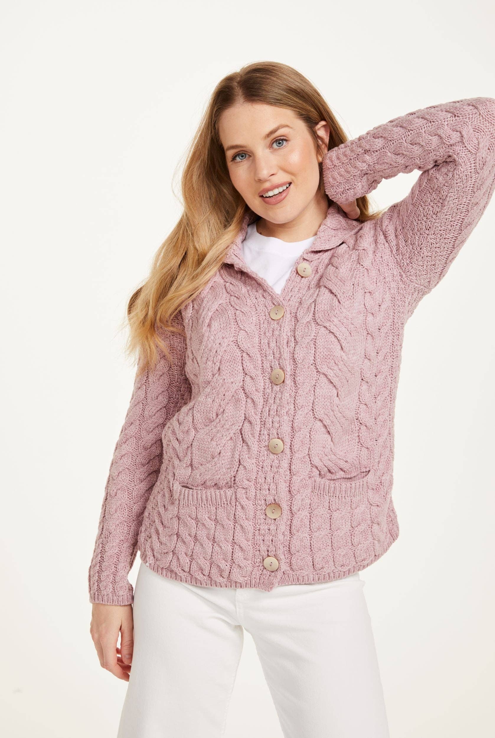 Aran Woollen Mills - Wholesale Cardigan - Women's - Belcarra Ladies Aran Cardigan - Blush Pink0