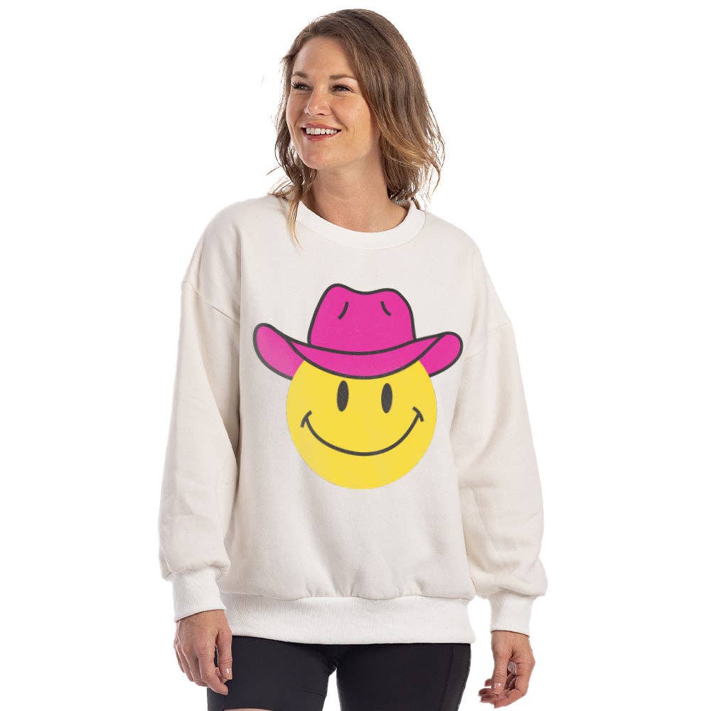 Katydid - Venta al por mayor Sudadera estampada - Mujer - Sudadera con cara feliz y sombrero vaquero rosa1