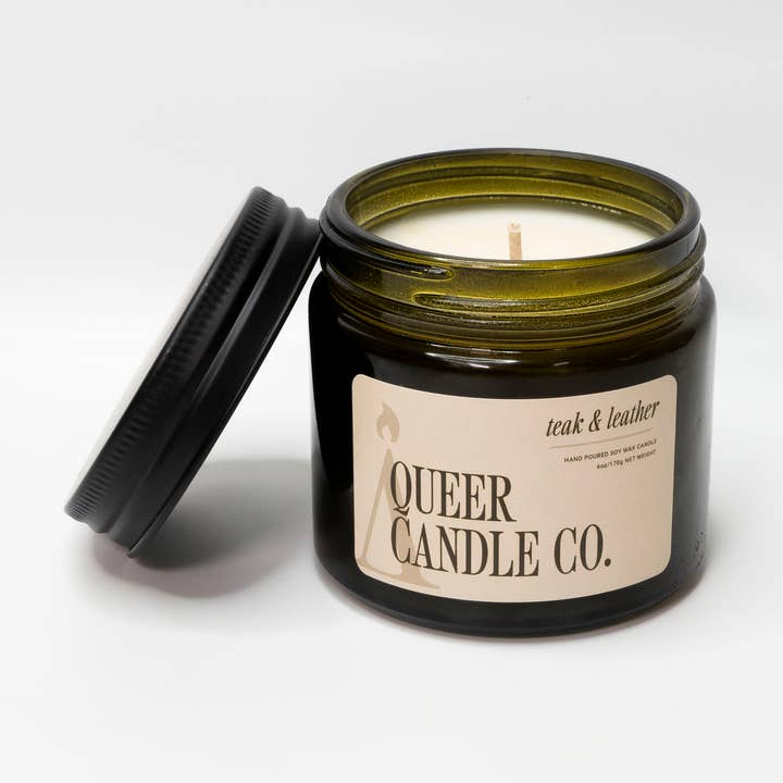 Teak & Leather for wholesale by Queer Candle Co.