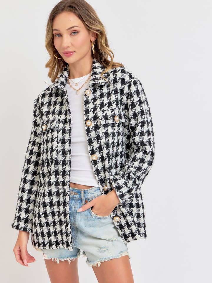 BLACK WHITE HUNDSTOOTH TWEED OUTERWEAR/BLAZER for wholesale on Faire