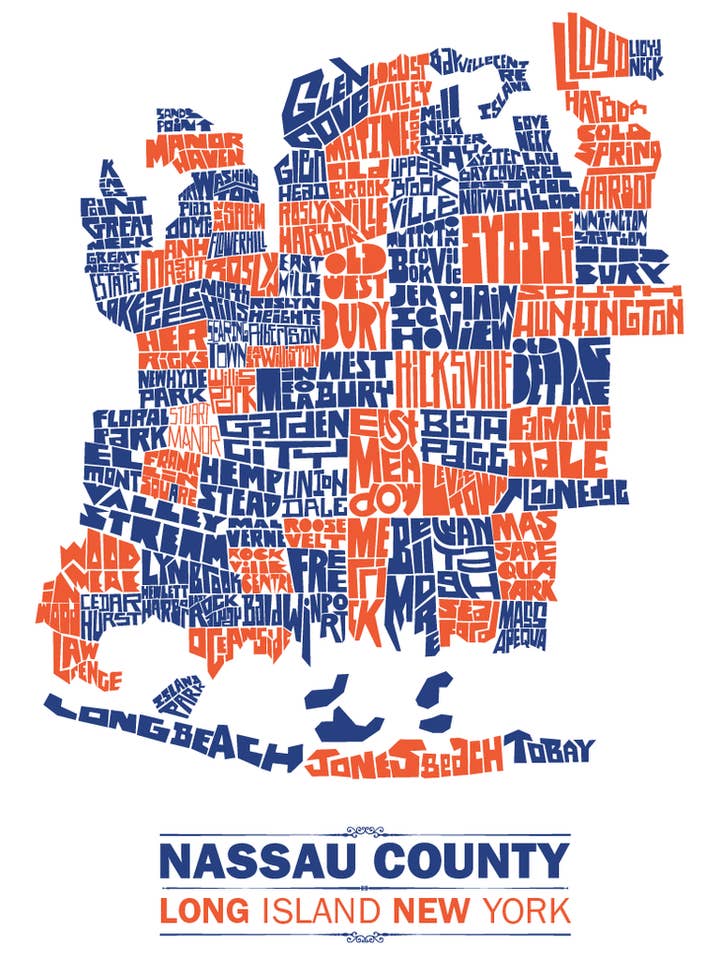 Carte des types de ville du comté de Nassau pour la vente par LOST DOG art & frame