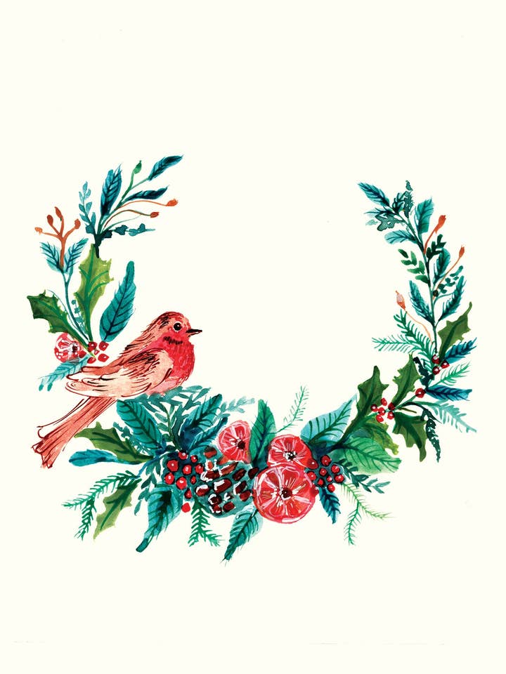 Christmas Wreath with Robin Christmas Greeting Card | Festive and Charming Design | Maria Zvaric Illustration for wholesale by Maria Zvaric Illustration