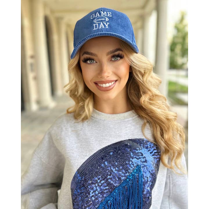 Live Love Gameday® - Wholesale Baseball Cap - Women's - Royal Embroidered Corduroy “GAME DAY” Football Cap