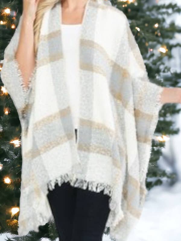 Plaid Pattern Fringe Trim Kimono for wholesale by Andrea Bijoux