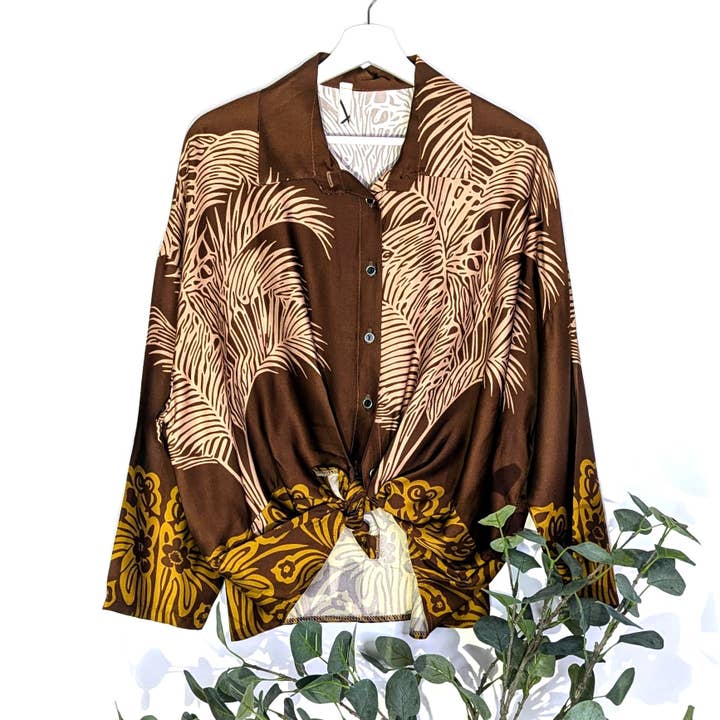 Tempest Designs - Wholesale Button Down Shirt - Women's - Viscose rayon mix palm print dressy satin shirt with border (M-L)3