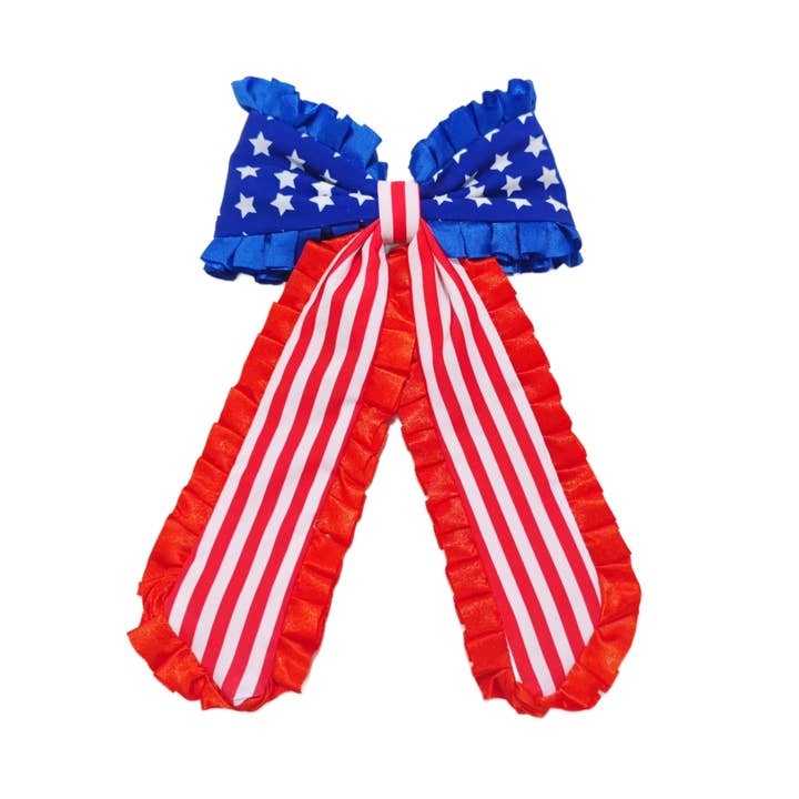 Patriotic Flag Ribbon Edge Long Tail Hair Tied Bow w/ Clip for wholesale by Pretty in Pink Bows