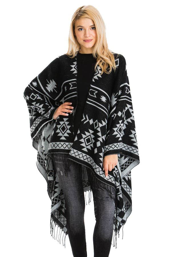 Cap Zone – Poncho - Mulher por atacado – Poncho ocidental reversível com padrão geométrico asteca3