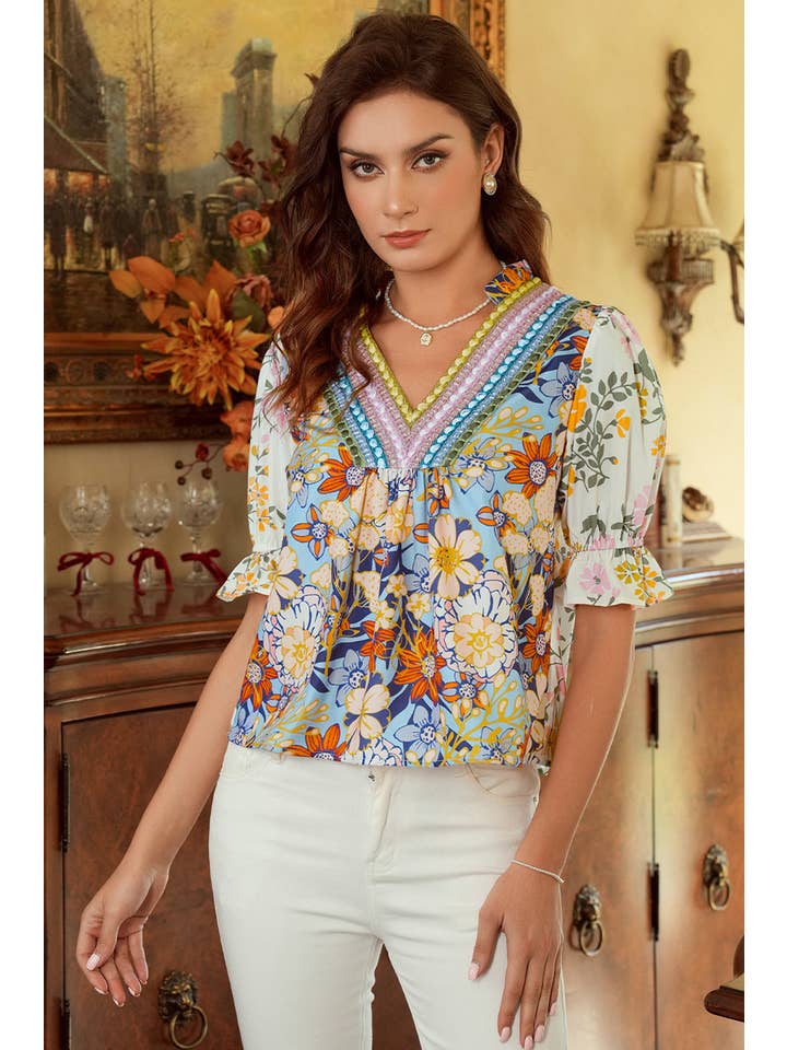 Multi Colored V Neck Half Sleeve Boho Floral Blouse for wholesale on Faire