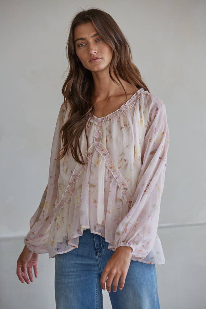 Blush Multi L9718 | Woven Polyester Floral Print V-Neck Long Sleeve Top  for wholesale on Faire2