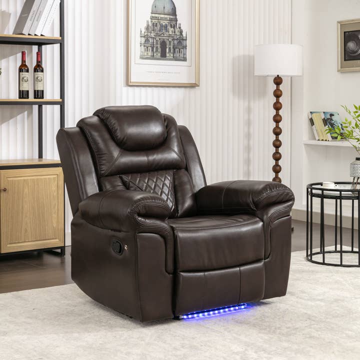 Orange County Decor - Wholesale Chair - Home Theater Seating Manual Recliner Chair With Led Light Strip For Living Room,Bedroom, Brown Brown Foam Faux Leather