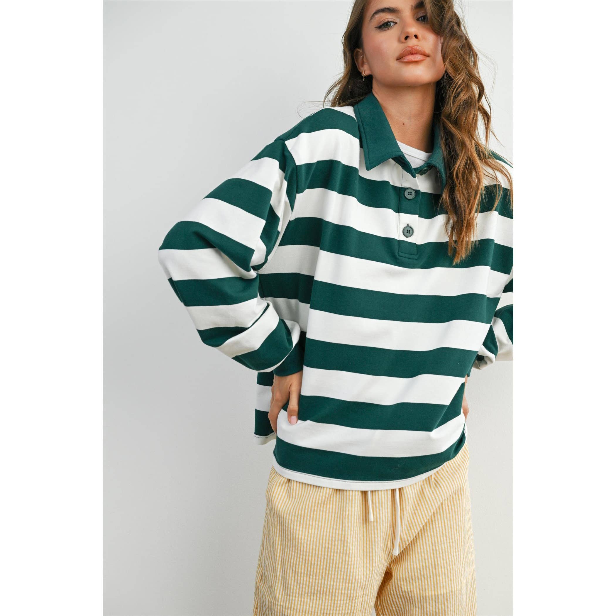 BUTTERMELON - Wholesale Sweatshirt - Women's - Striped Quarter-Buttoned Collared Sweatshirt - BMT807910