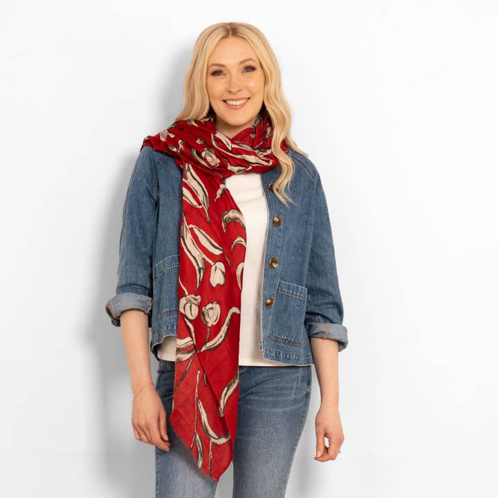 Sarta Accessories - Wholesale Scarf - Women's - Ashley Lightweight Scarf - Red, Large Floral