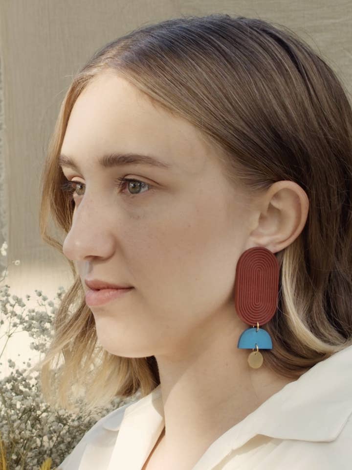 Lana Hand Painted Wood Dangle Earrings with Brass Accents for wholesale by Mafe Designs