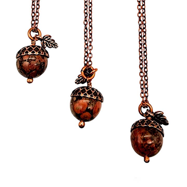 MergingMetals - Wholesale Pendant/Charm Necklace - Acorn Necklace-Poppy Jasper