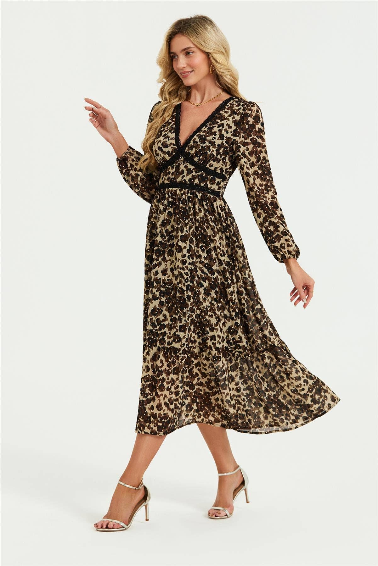 Leopard Print Foil Lace Trim Long Sleeve Maxi Dress In Brown for wholesale on Faire4