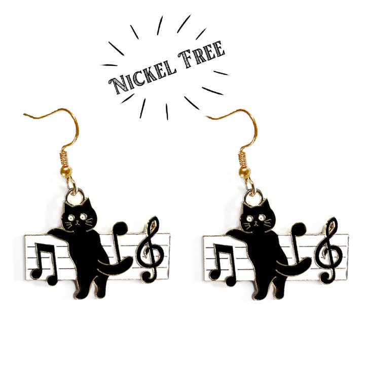 Black Cat Piano and Music Note Earrings for wholesale by Songbird Artistry