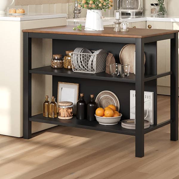 Orange County Decor - Wholesale Kitchen Storage/Organizer - Solid Wood Rustic 3 Piece 45" Stationary Kitchen Island Set With 2 Seatings, Rubber Wood Butcher Block Dining Table Set Prep Table Set With 2 Open Shelves For Small Places,Walnut Black Wood Wood