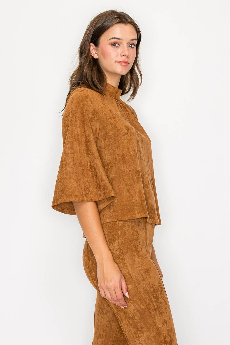 LoveWednesday - Wholesale Blouse - Women's - Bell sleeve camel suede top  - LWT1802 28
