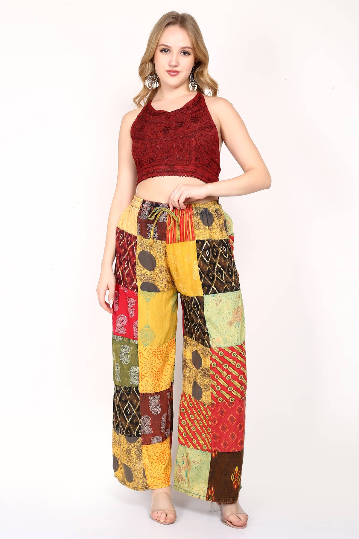 Wevez - Wholesale Pants - Women's - Women Patchwork Wide Leg Acidwash Elastic Waist Pant Mix Lot1